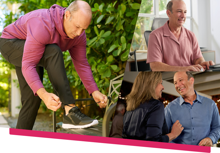 Man living life happily: tying his laces, working at his desk, socializing with companions