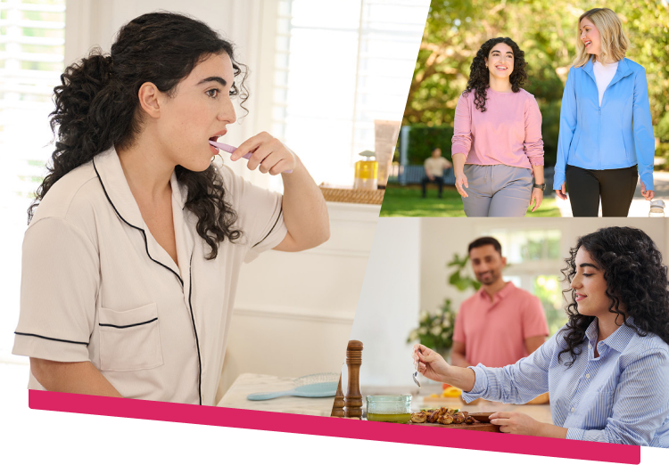 Young woman enjoying life: brushing teeth, walking with companion, eating food